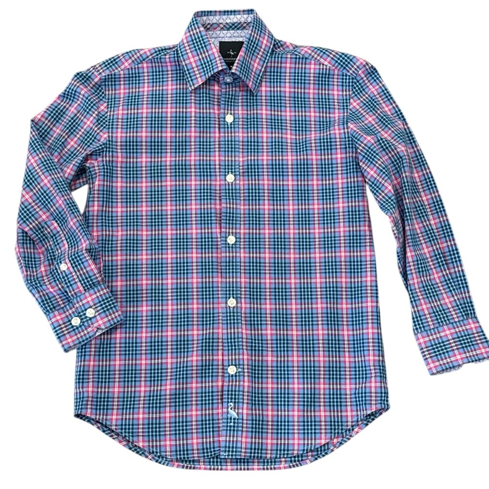 TAILORBYRD Boys Youth Blue/Pink Plaid ButtonDown Size 10 100% Cotton Dress Shirt